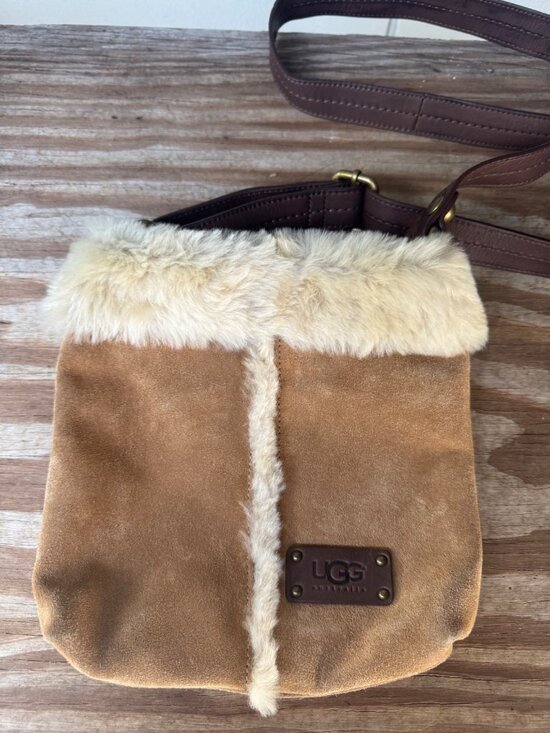 UGG Handbags - UGG Australia Sheepskin Crossbody Bag Chestnut Suede Sherpa Fur Small Purse